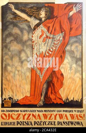 La propaganda polacca-sovietica del 1920 poster.Polacco 'la Patria sta chiamando! Iscriviti al prestito statale polacco!". Artista Bogdan Nowakowski. Foto Stock