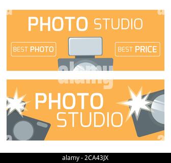Banner modello, volantino, buono regalo per uno studio fotografico. Fotocamere piatte. Elemento di design per la tua creatività Illustrazione Vettoriale