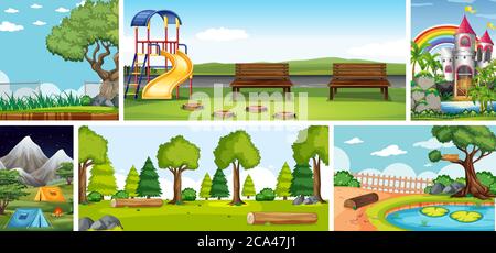 Sei scene naturali con diverse posizioni Illustrazione Vettoriale