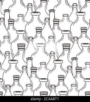 Tessuto bianco e nero senza cuciture con bottiglie e vasetti. Sfondo vettoriale per la vostra creatività Illustrazione Vettoriale