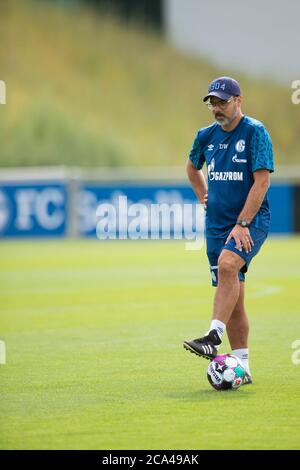 Gelsenkirchen, Germania. 03rd ago, 2020. Allenatore David WAGNER (GE) guarda i giocatori, calcio 1. Bundesliga, inizio formazione FC Schalke 04 (GE), il 03.08.2020 nel parco di Gelsenkirchen/Germania. | utilizzo in tutto il mondo credito: dpa/Alamy Live News Foto Stock