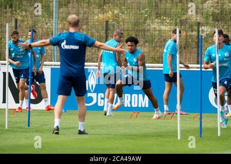 Gelsenkirchen, Germania. 3 agosto 2020. I giocatori di Schalke con i poli di slalom, in con Weston McKENNIE (GE) Soccer 1. Bundesliga, inizio formazione FC Schalke 04 (GE), il 03.08.2020 nel Park Stadium di Gelsenkirchen/Germania. ¬ | utilizzo in tutto il mondo Credit: dpa/Alamy Live News Foto Stock