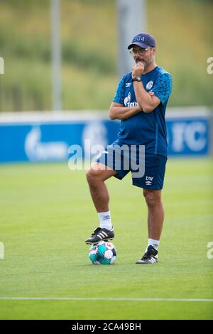 Gelsenkirchen, Germania. 03rd ago, 2020. Allenatore David WAGNER (GE) guarda i giocatori, calcio 1. Bundesliga, inizio formazione FC Schalke 04 (GE), il 03.08.2020 nel parco di Gelsenkirchen/Germania. | utilizzo in tutto il mondo credito: dpa/Alamy Live News Foto Stock