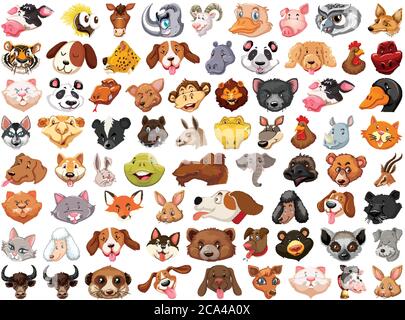 Insieme di diversi animali carino cartone animato testa enorme isolato su sfondo bianco illustrazione Illustrazione Vettoriale