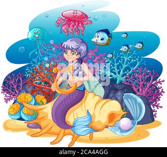 Sirena seduta sulla conchiglia e animale di mare in illustrazione stile cartone animato Illustrazione Vettoriale