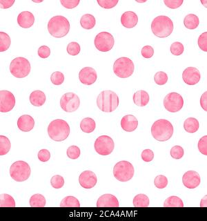 Polka dot rosa acquerello motivo senza cuciture. Sfondo astratto di acquerello con cerchi di colore su bianco. Texture rotonda disegnata a mano. Stampa per te Foto Stock