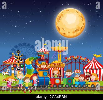 Parco di divertimento scena di notte con grande luna nel cielo illustrazione Illustrazione Vettoriale
