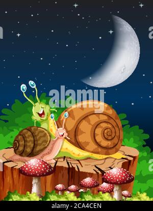 Due lumache che vivono nella scena del giardino di notte illustrazione Illustrazione Vettoriale