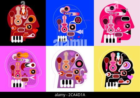 Sei disegni a forma di testa umana costituiti da un diverso strumento musicale illustrazione vettoriale. Illustrazione Vettoriale