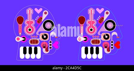 Due opzioni di un design a forma di testa umana che consiste in una diversa illustrazione vettoriale di strumenti musicali. Una musica che viene riprodotta all'interno di una testa. Illustrazione Vettoriale