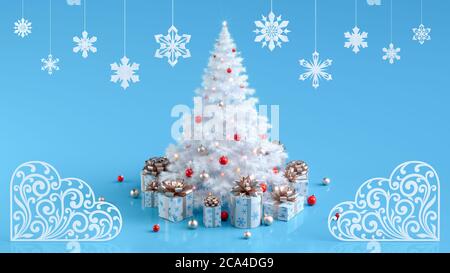 Albero di Natale decorato bianco con scintillanti scatole regalo luci di Natale illuminate e fiocchi di neve. Biglietto d'auguri natalizio con fiocchi di neve e ornamenti. Rendering 3D. Foto Stock