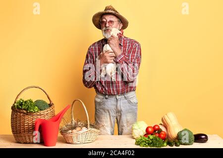 Vista del vecchio agricoltore amichevole in cappello di paglia e bicchieri, si trova vicino a verdure, cesto di vimini pieno di broccoli e lattuga, e cesto con uova fresche, Foto Stock