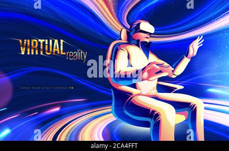 Il design a tema della realtà virtuale, con l'uomo che indossa il visore VR, ti consente di scoprire il mondo digitale nell'illustrazione vettoriale Illustrazione Vettoriale