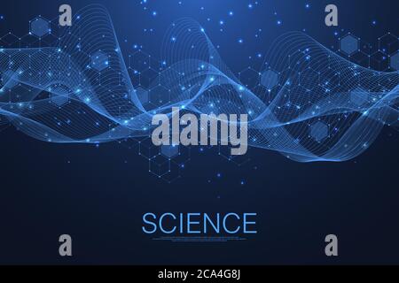 Struttura molecolare di fondo. Carta da parati o banner con un DNA molecole. Asbtract molecola di sfondo con esagoni, flusso d'onda Illustrazione Vettoriale