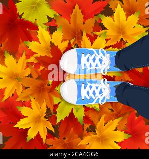 Foglie autunnali modello di sfondo con rosso, arancio, marrone e giallo acero foglie gambe vista dall'alto in scarpe sneakers su colorate foglie cadenti. Vettore Illustrazione Vettoriale