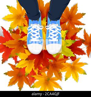 Foglie autunnali modello di sfondo con rosso, arancio, marrone e giallo acero foglie gambe vista dall'alto in scarpe sneakers su colorate foglie cadenti. Vettore Illustrazione Vettoriale