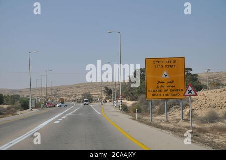 Attenzione di cammelli segno. Fotografato nel deserto del Negev, Israele Foto Stock