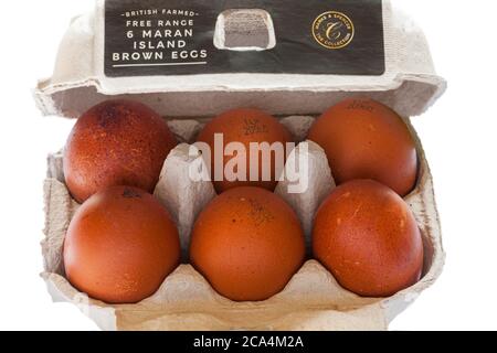 M&S British Farmed Free Range 6 Maran Island uova marroni - scatola di uovo scatola di cartone Eggbox aperto per mostrare il contenuto Foto Stock