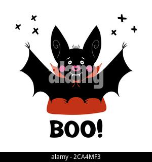 Carino cartoon vampiro bat con fangs e mantello rosso. Doodle croce elementi e boo parola. Biglietto d'auguri di Halloween. Isolato su sfondo bianco. Vettore Illustrazione Vettoriale