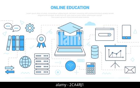 concetto di formazione online con varie icone linea come computer e internet rete wi-fi con stile di linea moderna Illustrazione Vettoriale