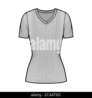 Maglia con collo a V a coste illustrazione tecnica moda con maniche a costoletta corta, lunghezza tunic. Modello di abbigliamento da outwear piatto, colore bianco. Donna, uomo, maglia unisex top mockup CAD Illustrazione Vettoriale