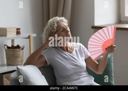 La donna anziana che agita la ventola si sente malbene a causa del tempo caldo insopportabile Foto Stock