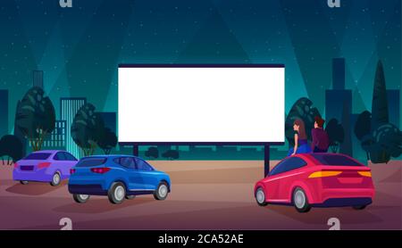 Illustrazione vettoriale del cinema all'aperto. Cartoon coppia piloti personaggi seduti, guardando film a grande vuoto bianco schermo esterno festival auto film di notte Illustrazione Vettoriale