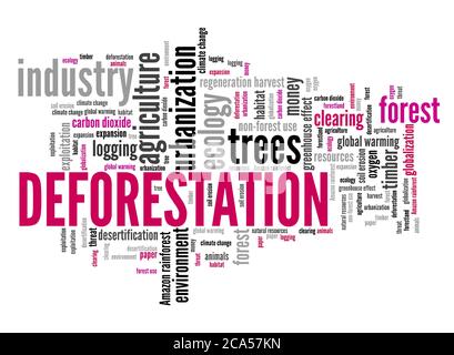 Cloud di testo della deforestazione. Concetto di urbanizzazione e di sfruttamento ambientale. Foto Stock