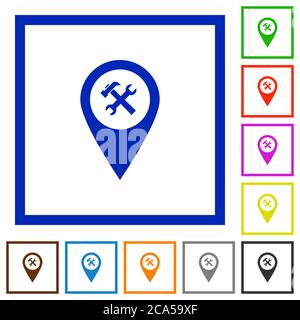 Servizio di officina posizione mappa GPS icone a colori piatte in cornici quadrate su sfondo bianco Illustrazione Vettoriale
