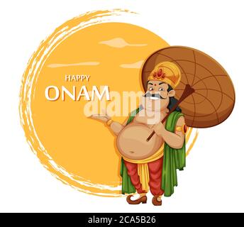 Happy Onam festival in Kerala. Onam festeggiamenti, tradizionale festa indiana. Re Mahabali con ombrello. Illustrazione vettoriale Illustrazione Vettoriale