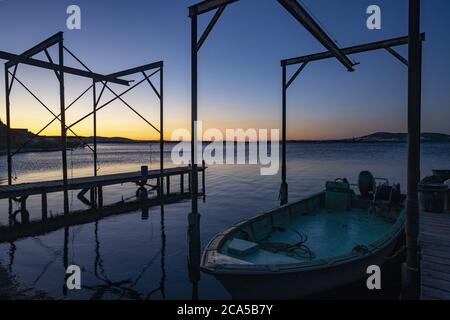 Francia, Herault, Loupian, laguna di Thau, ostriche da Bouzigues, coltivatore di ostriche Mathieu Rouzieres Foto Stock