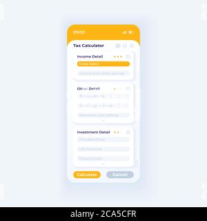 Modello vettoriale dell'interfaccia per smartphone dell'applicazione di calcolo delle imposte. Layout di progettazione della modalità giorno della pagina dell'app mobile. Dettagli su reddito e investimenti sullo schermo. Interfaccia utente piatta per Illustrazione Vettoriale