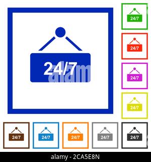 tavolo appeso con 24h sette giorni alla settimana icone a colori piatte in cornici quadrate su sfondo bianco Illustrazione Vettoriale