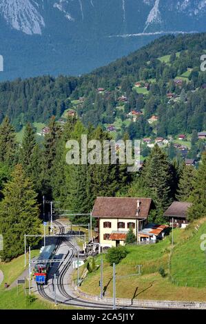 Svizzera, Cantone di Vaud, Villars-sur-Ollon, treno per la stazione Bretaye pass, fermata al ristorante col de soud Foto Stock