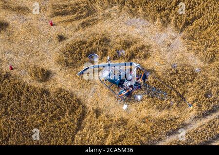 04 agosto 2020, Meclemburgo-Pomerania occidentale, Lübstorf: Un elicottero che si è schiantato durante un atterraggio di emergenza nei pressi di Lübstorf si trova in un campo di cornfield (vista aerea con un drone). I tre passeggeri sono stati leggermente feriti durante l'incidente. Perché e da quale altezza l'elicottero è andato giù non era chiaro all'inizio. Foto: Jens Büttner/dpa-Zentralbild/dpa Foto Stock