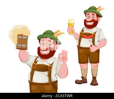 Uomo in abiti bavaresi, simpatico personaggio cartoon, set di due pose. Festival della birra di Monaco Oktoberfest. Illustrazione vettoriale su sfondo bianco Illustrazione Vettoriale