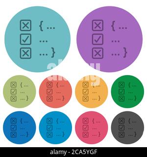 Codice sorgente che controlla le icone piatte più scure su sfondo rotondo a colori Illustrazione Vettoriale