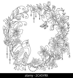 Vettore colorazione corona ornamentale con uccello e fiori in composizione circolare. Illustrazione decorativa contorno nero disegno isolato su bianco. Per des Illustrazione Vettoriale