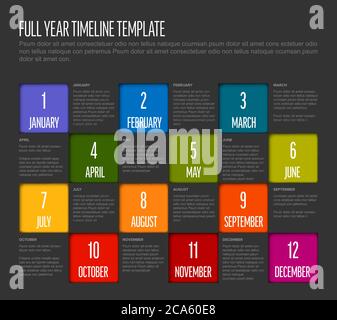 Modello timeline per l'intero anno con tutti i mesi in mosaico quadrato - versione scura Illustrazione Vettoriale