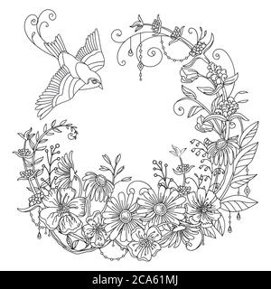 Vettore colorazione corona ornamentale con uccello e fiori in composizione circolare. Contorno decorativo vettoriale isolato su sfondo bianco. Sto Illustrazione Vettoriale