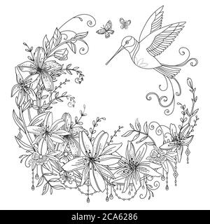 Vettore colorazione corona ornamentale con colibrì e fiori in composizione circolare. Illustrazione decorativa contorno nero disegno isolato su bianco. Illustrazione Vettoriale