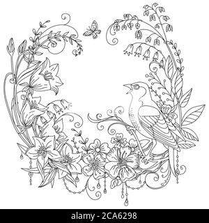 Vettore colorazione corona ornamentale con fiori di uccello e prato in composizione circolare. Illustrazione decorativa contorno nero disegno isolato su bianco. Illustrazione Vettoriale