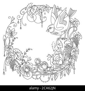 Vettore colorazione corona ornamentale con uccello e uva e fiori in composizione circolare. Illustrazione decorativa contorno nero isolato su bianco. Per d Illustrazione Vettoriale