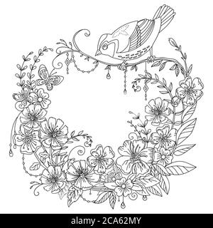 Vetector colorazione corona ornamentale con uccello songifero e fiori in composizione circolare. Illustrazione decorativa contorno nero disegno isolato su bianco. Per Illustrazione Vettoriale