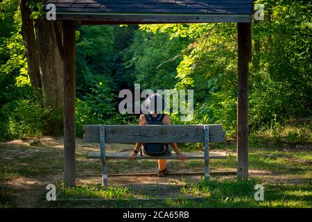 La ragazza si siede sulla panchina nella foresta remota Foto Stock