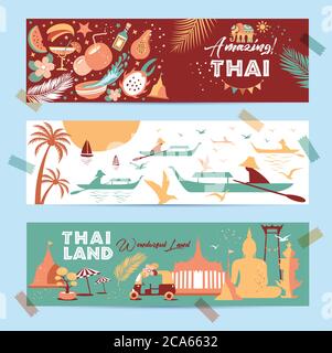 Collezione di simboli thailandesi in striscioni. Poster vettoriale. Cartolina nel colore di tendenza. Illustrazione del viaggio. Banner Web di viaggio in diversa composizione Illustrazione Vettoriale