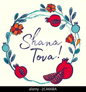 Rosh Hashanah biglietto d'auguri, Capodanno ebraico. Shana tova in ebraico - buon anno. Illustrazione vettoriale della corona di melograno disegnata a mano. Granato maturo Illustrazione Vettoriale