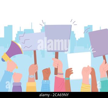 attivisti manifestanti, mani sollevate in protesta con speaker e cartelloni illustrazione vettoriale Illustrazione Vettoriale