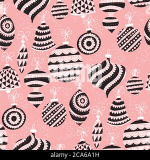 Carino folk stile rosy e nero xmas palle modello senza cuciture per sfondo, tessuto, tessuto, wrap, superficie, web e stampa di design. Natale baubles han Illustrazione Vettoriale