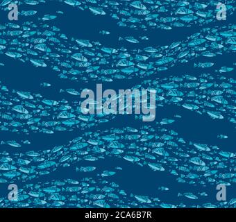 Fondo blu astratto scuola di pesce modello senza giunture per sfondo, avvolgimento, tessuto, tessuto, wrap, superficie, web e stampa disegno. Forma onda pesce decorativo Illustrazione Vettoriale